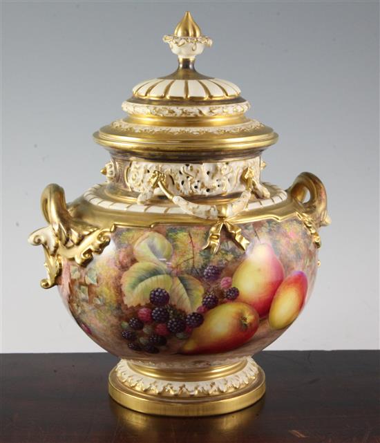 A Royal Worcester fruit painted pot pourri urn and cover, signed H.Ayrton, post-war, 30cm